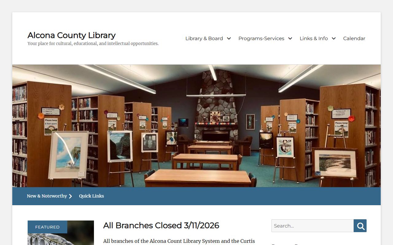 Alcona County Library website showing genealogy and obituary research resources in Harrisville Michigan
