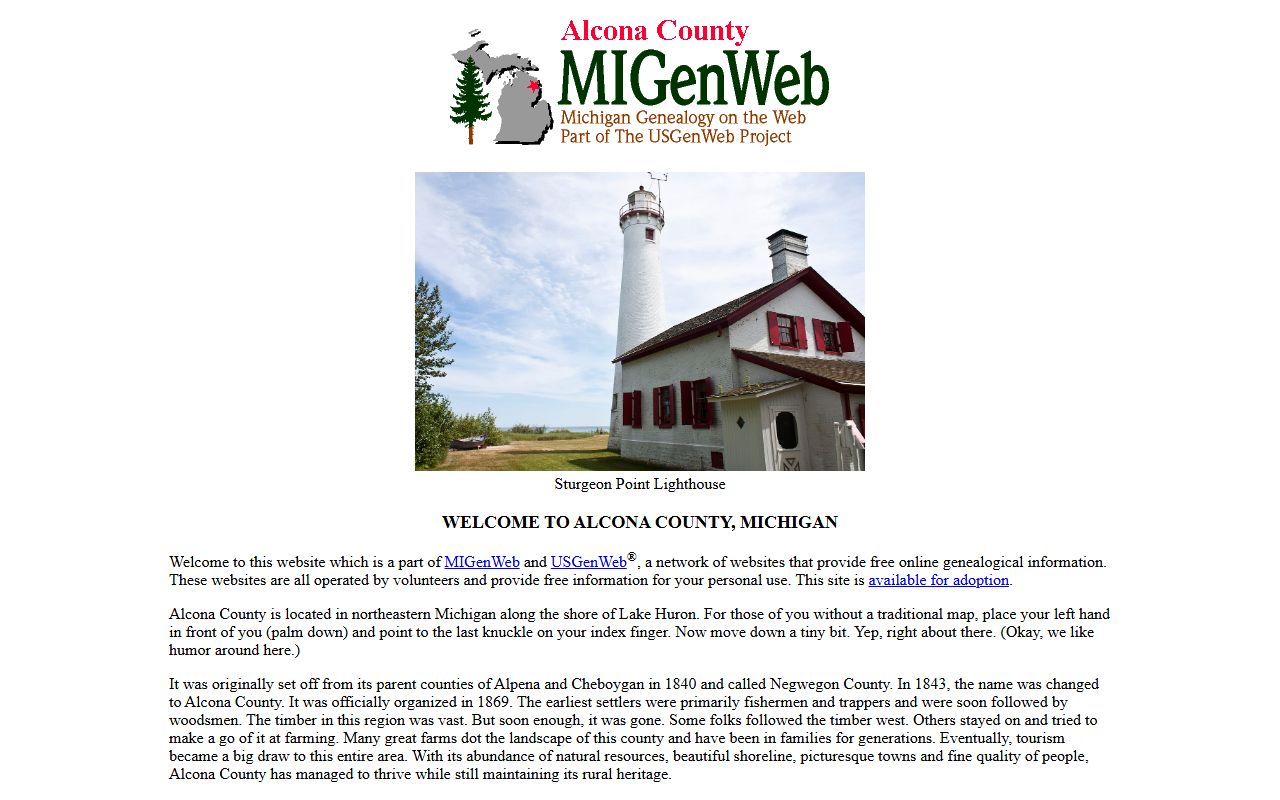Alcona County MIGenWeb website showing obituary and death records resources for Alcona County Michigan