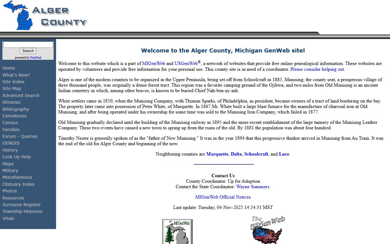 Alger County MIGenWeb page for obituary and death records research