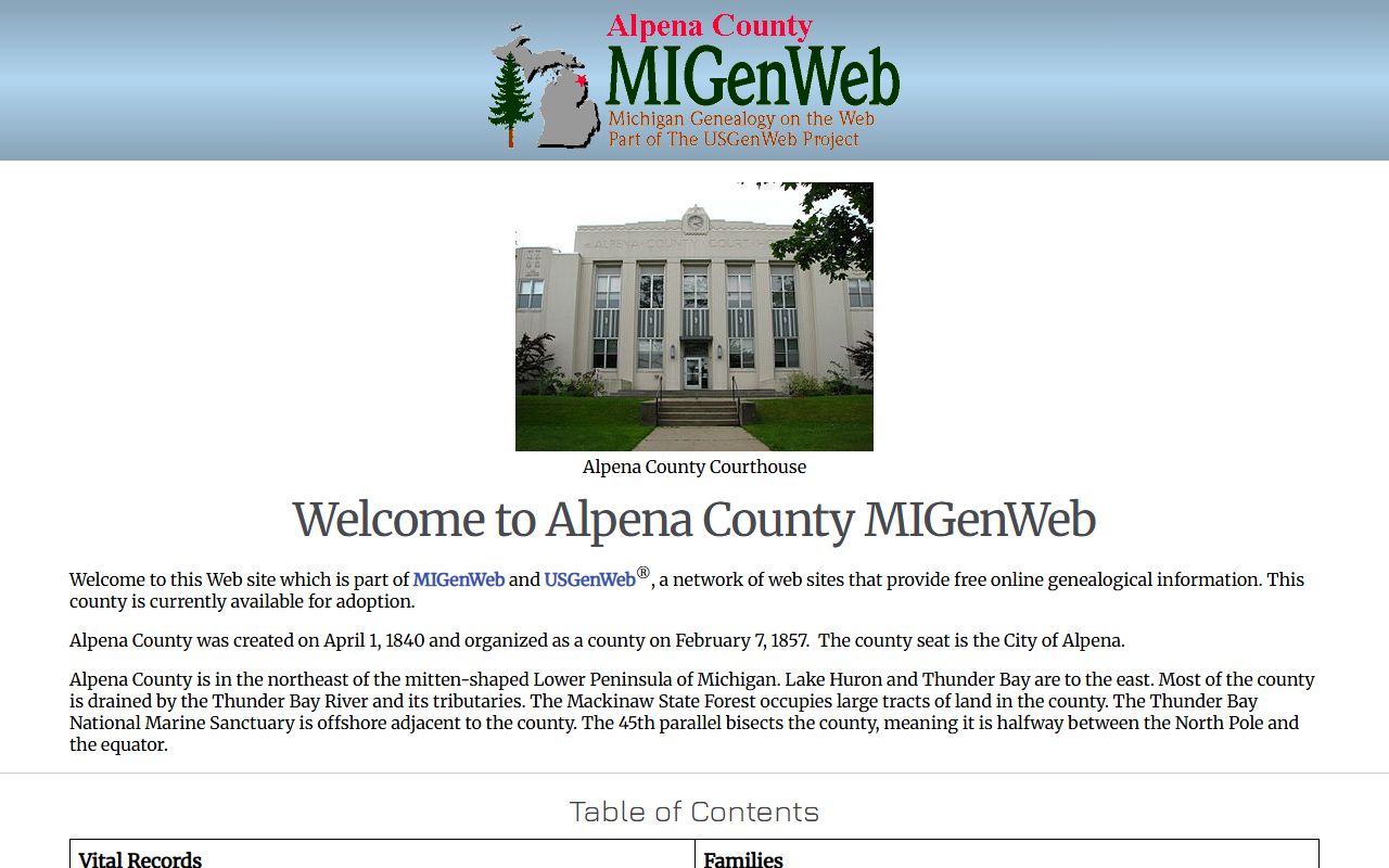 Alpena County MIGenWeb website for obituary and death records