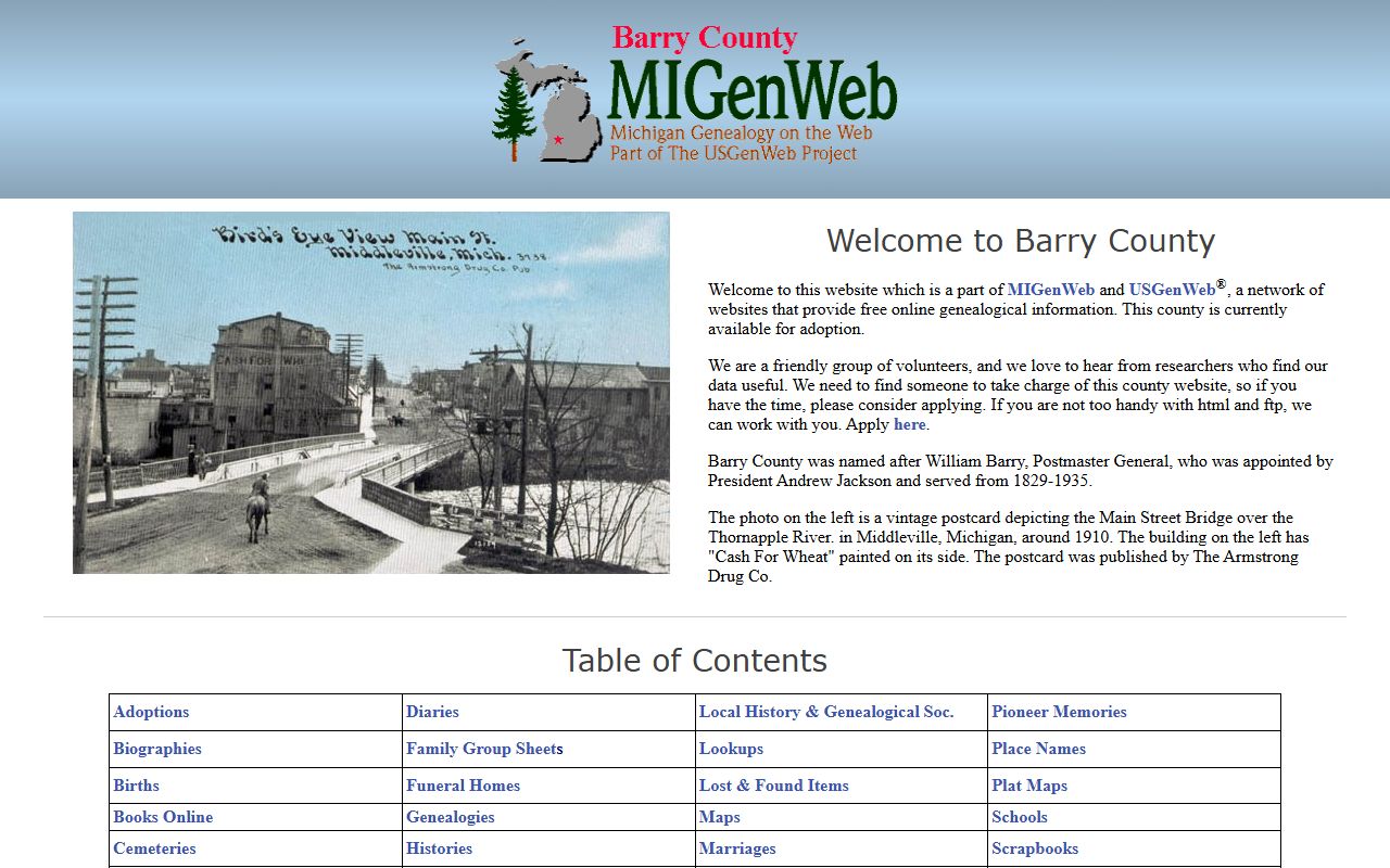 Barry County MIGenWeb page with obituary and death record resources