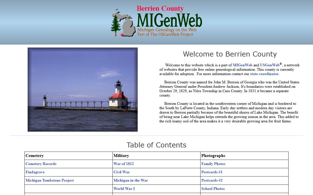 Berrien County MIGenWeb site showing obituary and death record indexes for Berrien County Michigan