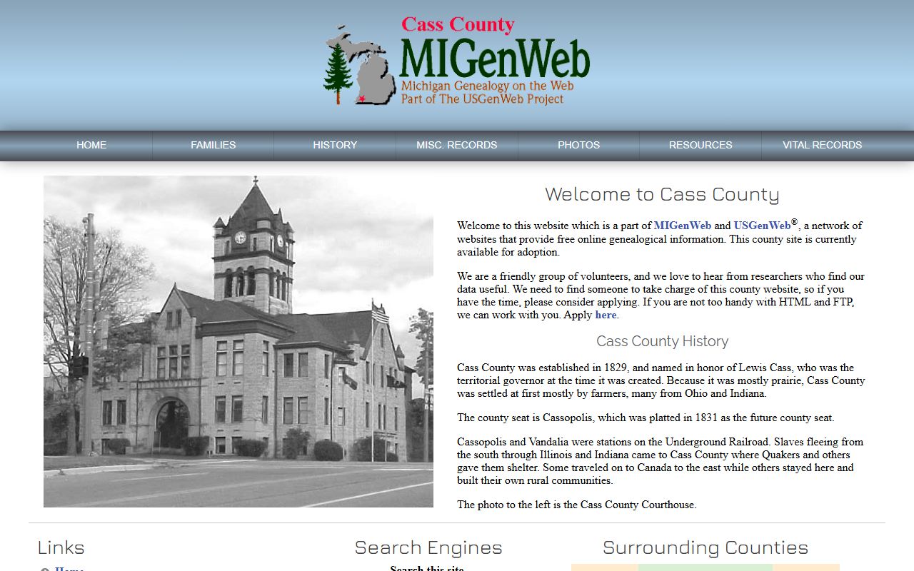 Cass County MIGenWeb website showing obituary and death records for Cass County Michigan