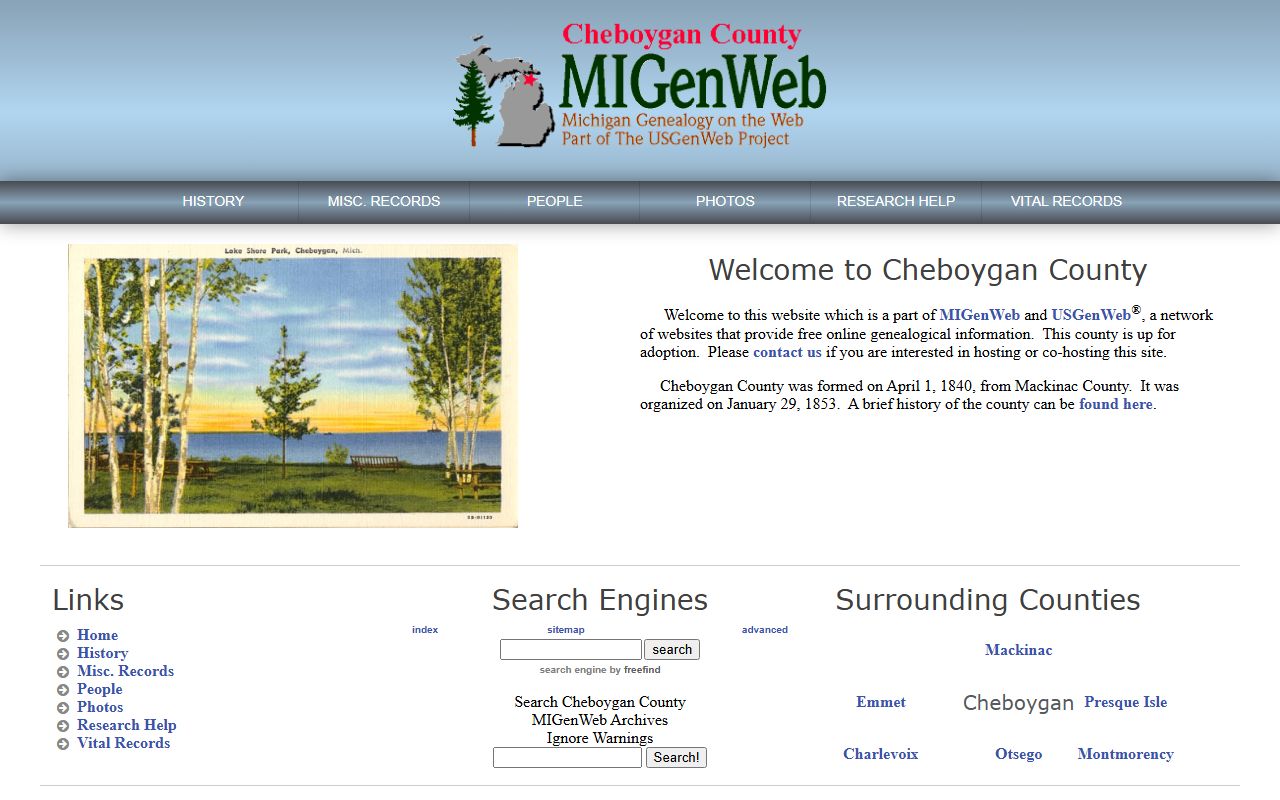 Cheboygan County MIGenWeb site for obituary and death records
