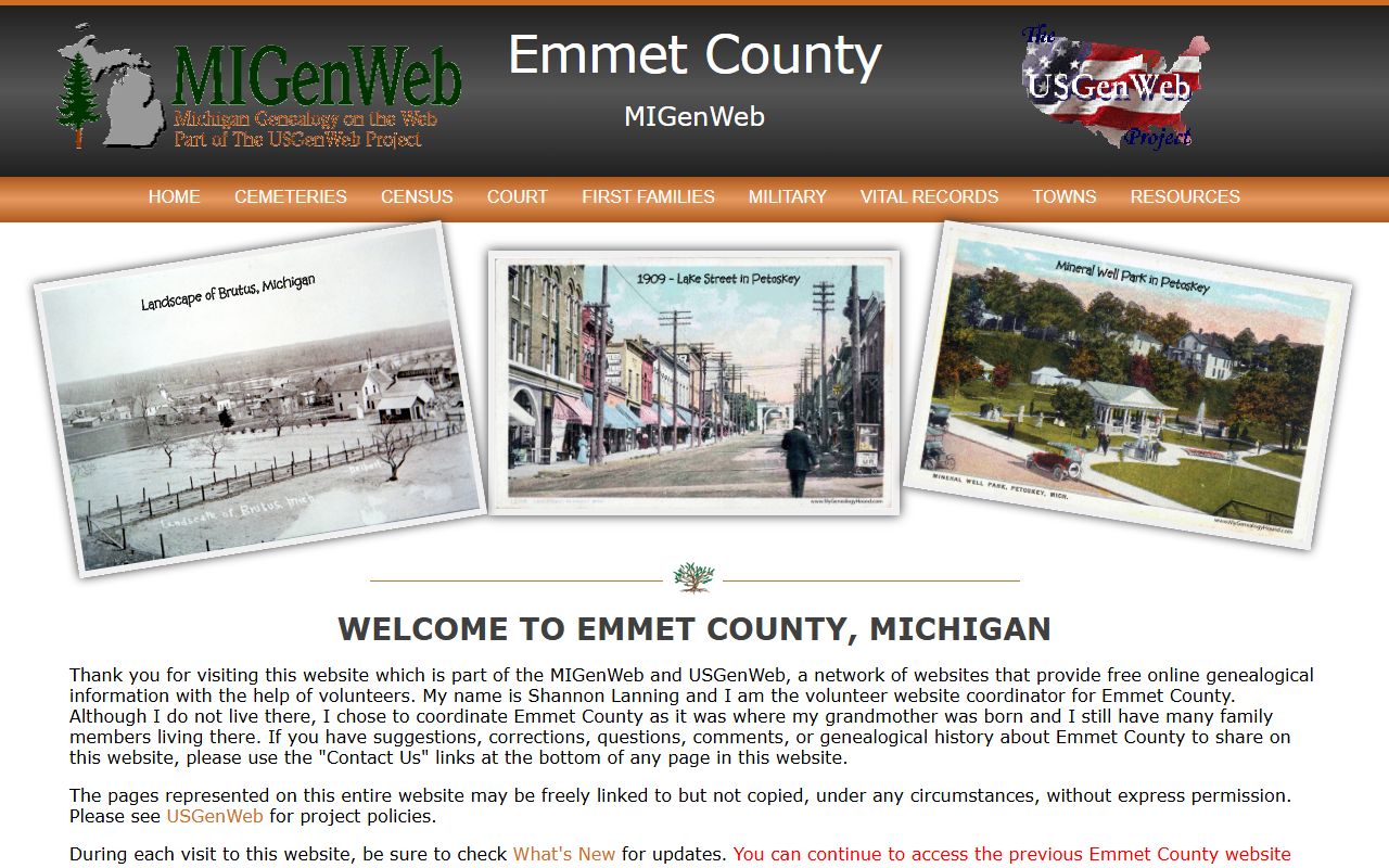 Emmet County MichiganGenWeb research page for death records and obituaries