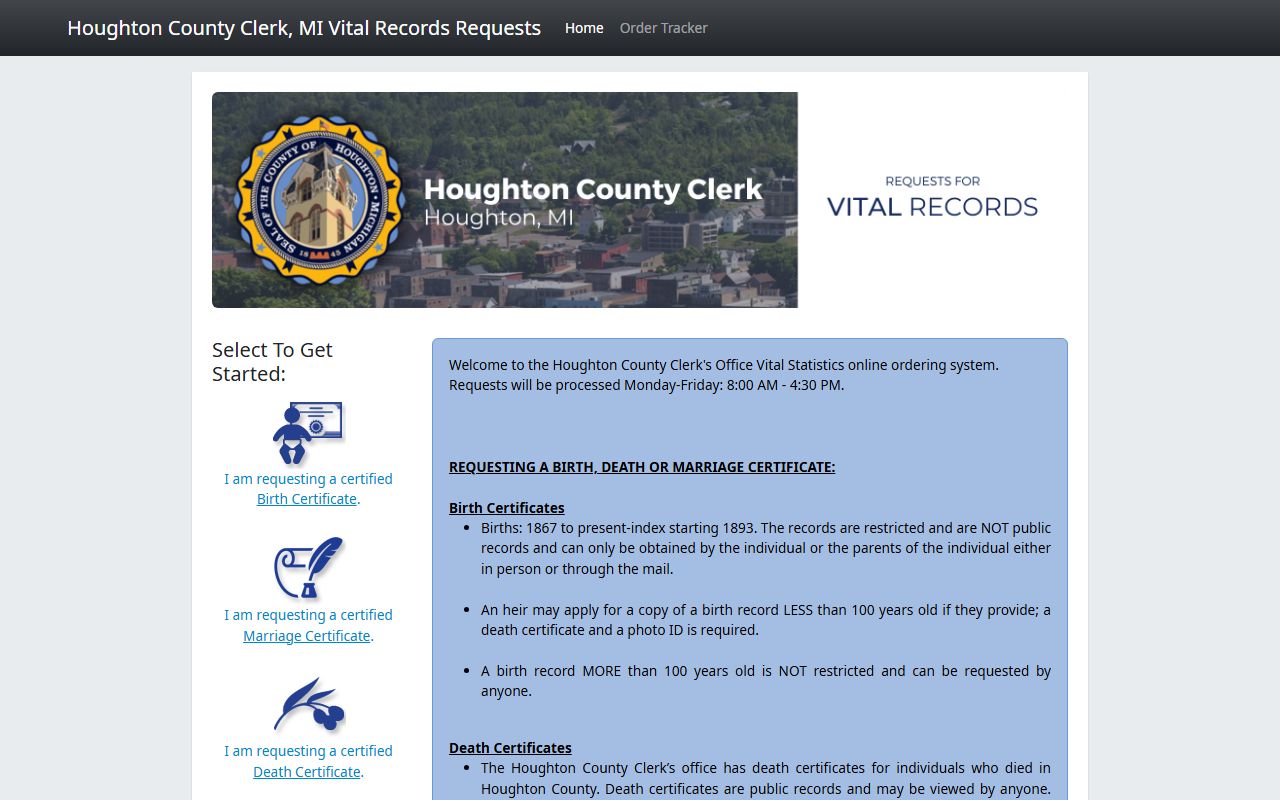 Houghton County online vital records ordering portal for death certificates