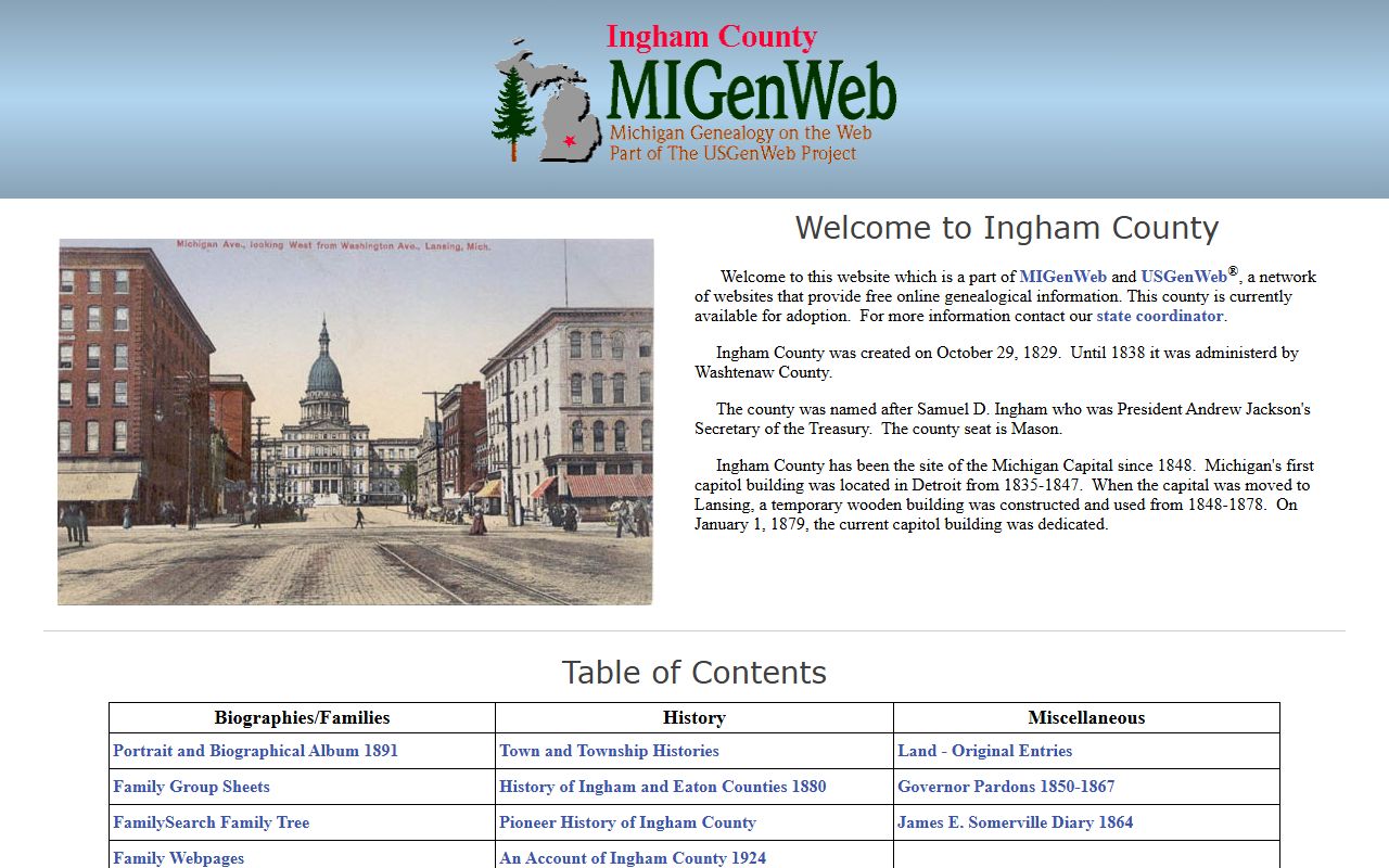 Ingham County MIGenWeb page with obituary and death record genealogy resources