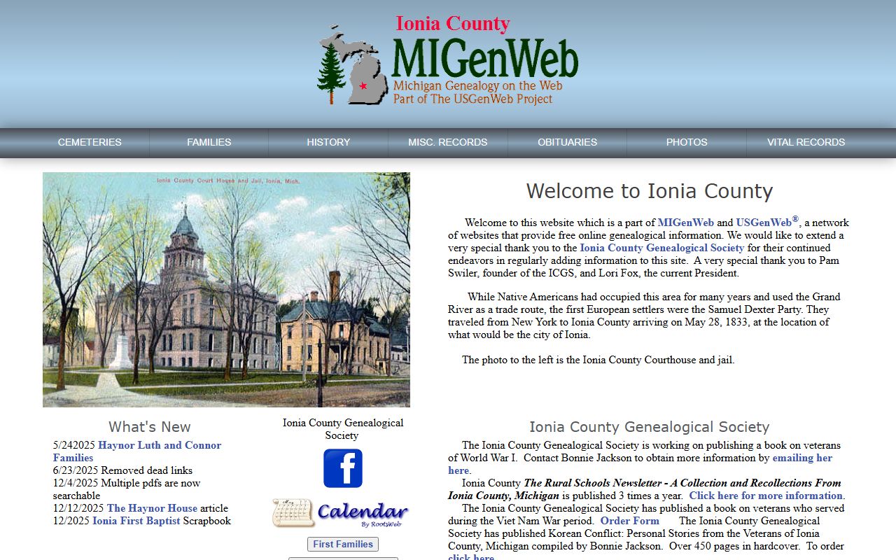 Ionia County MIGenWeb page with genealogy and death records for obituary research