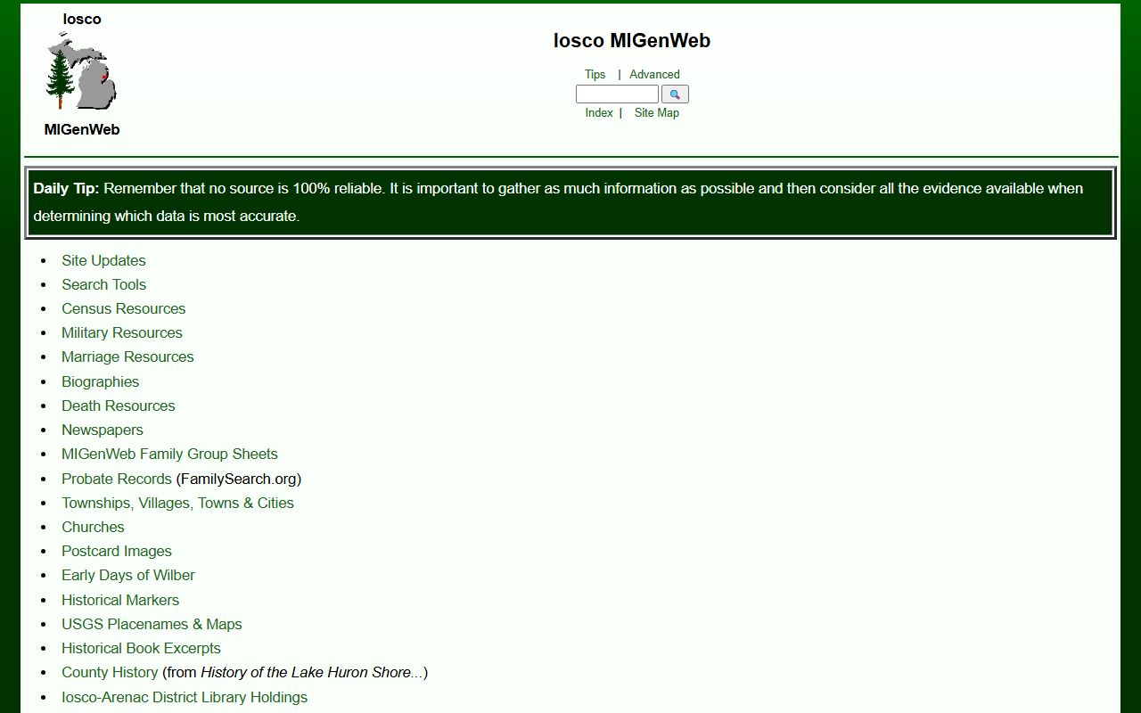 Iosco County MIGenWeb page with Gazette Index and obituary death records