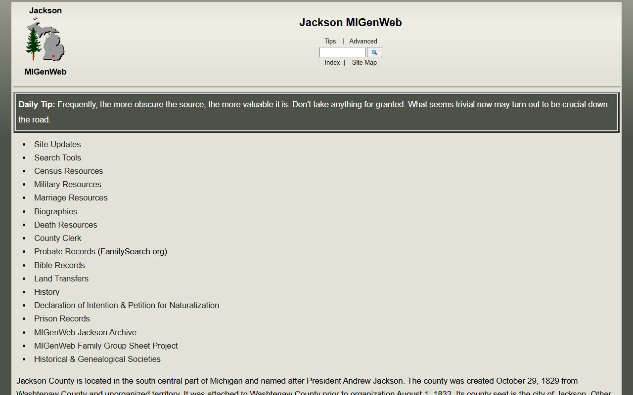 Jackson County MIGenWeb page with obituary and death records genealogy resources