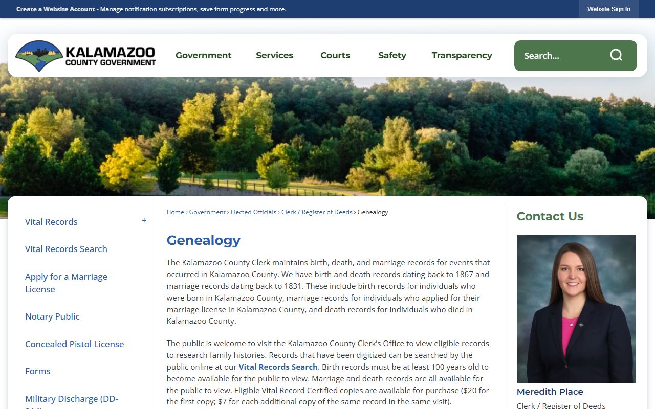 Kalamazoo County official genealogy resources page for death record research