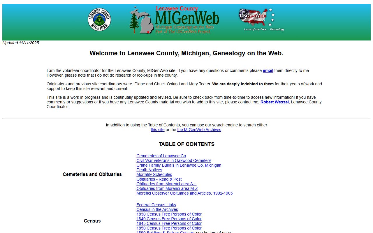 Lenawee County MiGenWeb genealogy resources for obituary and death records