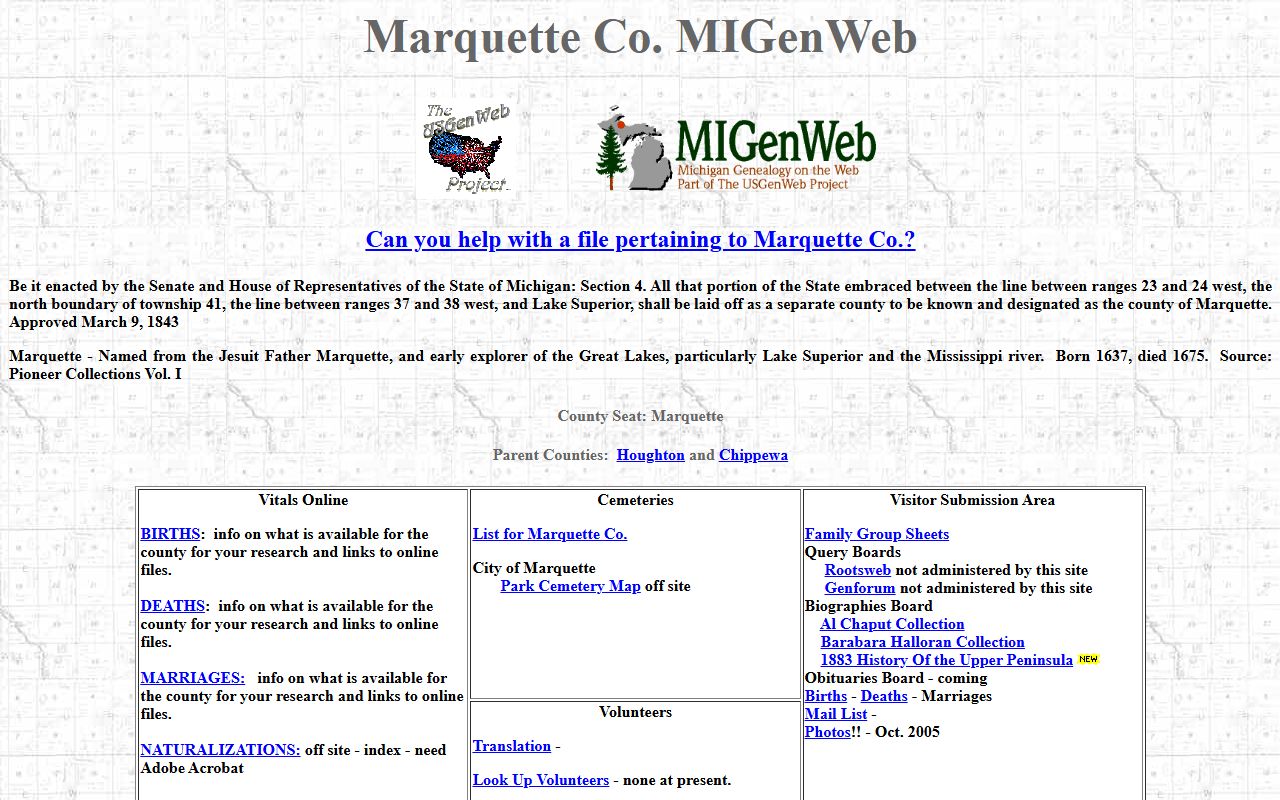 Marquette County MIGenWeb genealogy page for obituary and death records