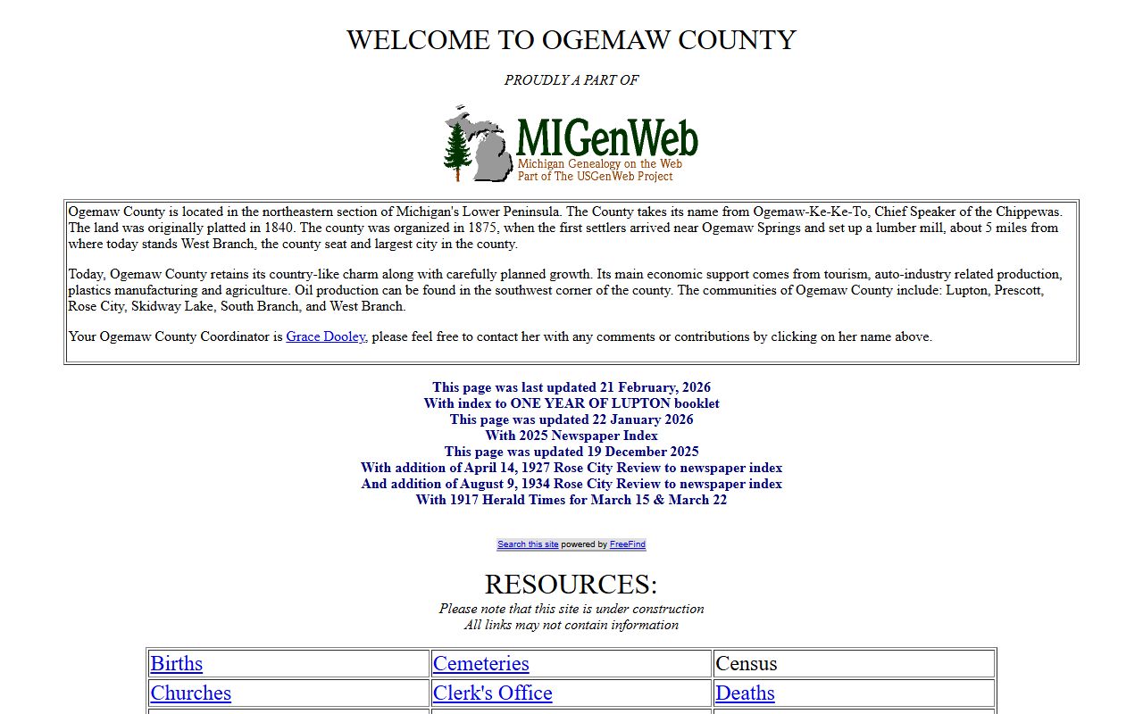 Ogemaw County MIGenWeb obituary and death records