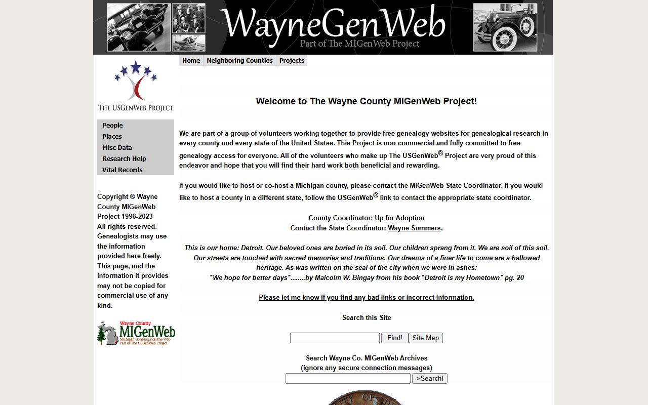 Wayne County MIGenWeb genealogy page for obituary and death record research